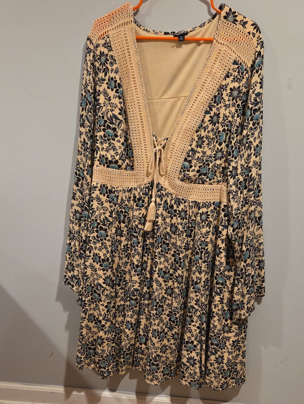 torrid Cream Floral Long Sleeve Boho Dress with Blue Accents